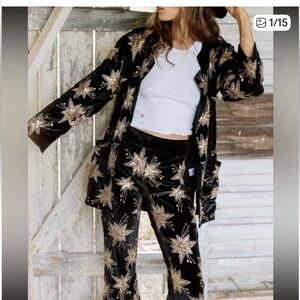 Free People Lenni Black Sequin Star Embroidered 2-Piece Pant Set